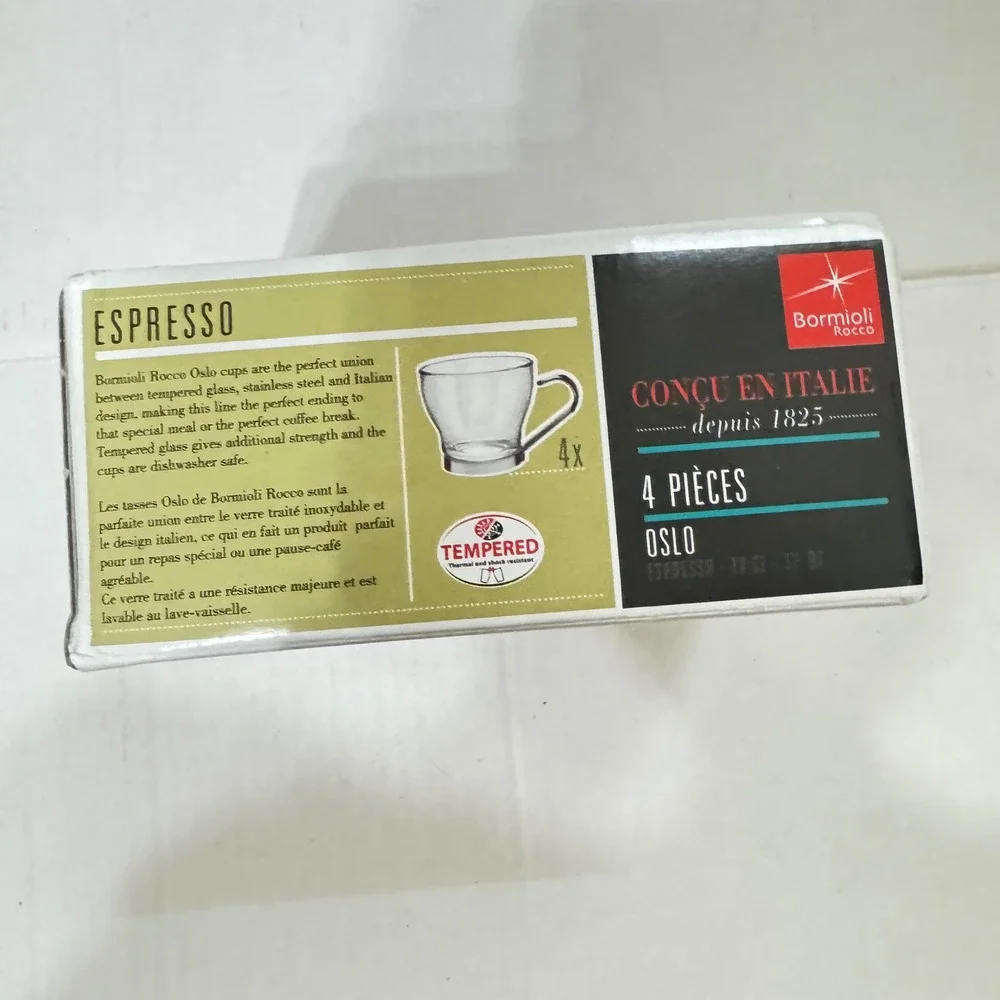 Bormioli Rocco Oslo‎ Espresso Cups 4 Tempered Glass Stainless Steel 3.5oz SPAIN